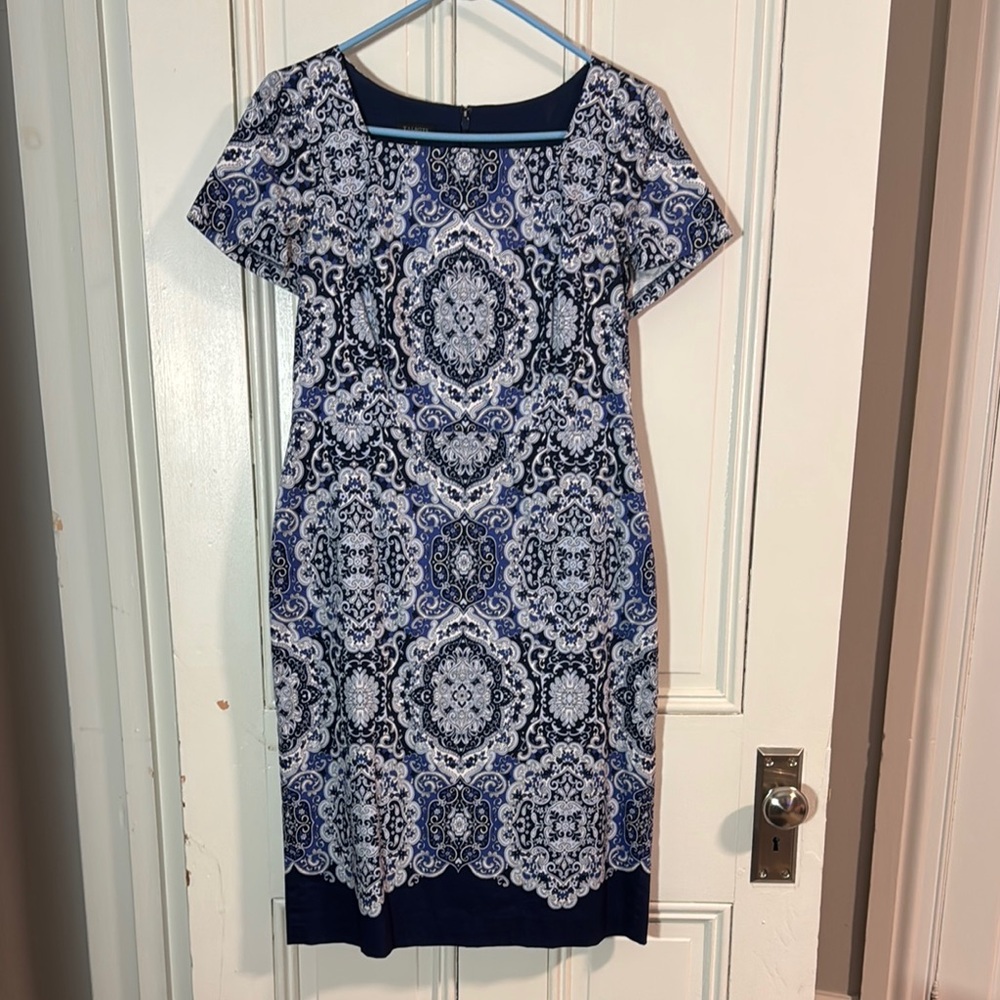 Talbots Blue and White Midi Sheath Dress with Raglan Sleeves
